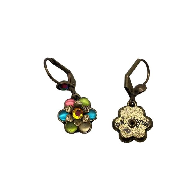 Michal Negrin Multicolor Enamel Crystal Flower Dangle Drop Earrings Brass Tone - Picture 4 of 5